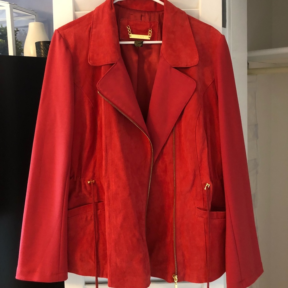 IMAN ladies red leather moto jacket.